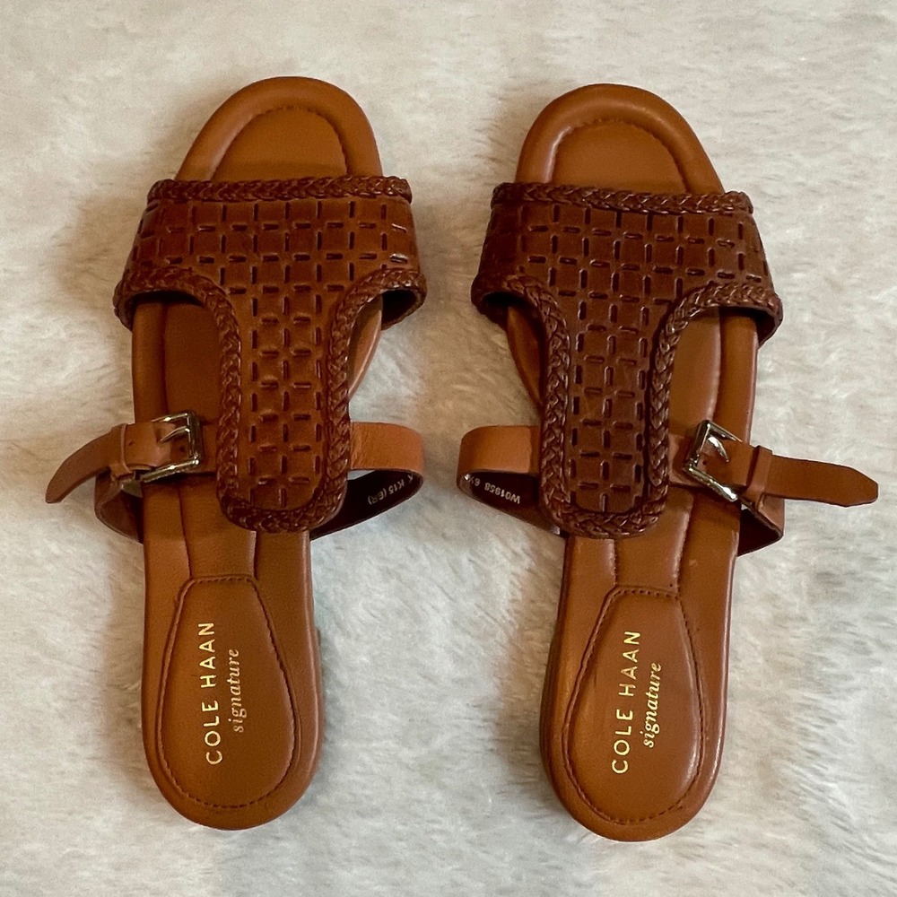 Cole Haan Signature Woven Leather H-Strap Flat Sandals British Tan 6.5 Classic